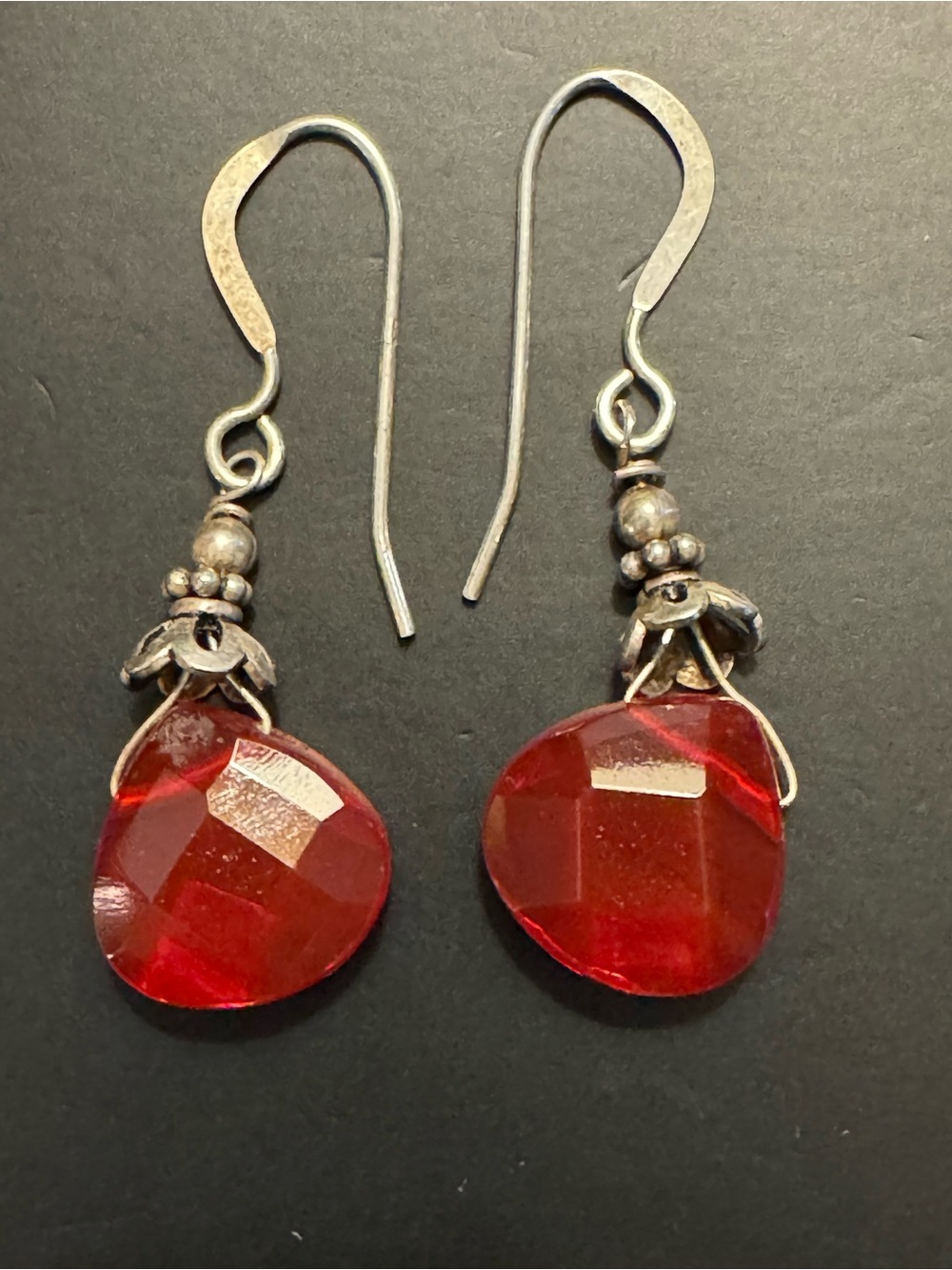 Sterling Silver Red Faceted Glass Briolette Dangle Earrings